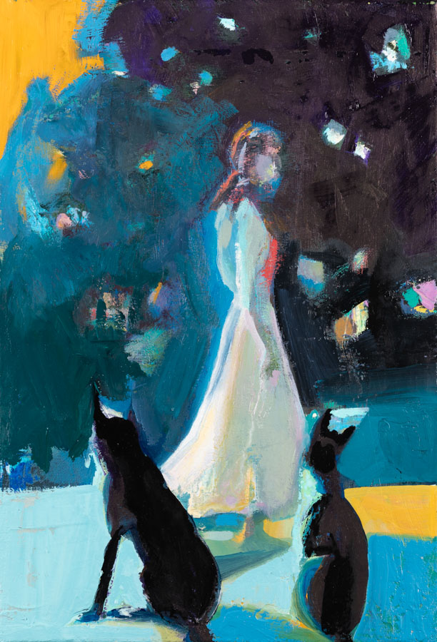Walking | Night | Dogs | White Dress | Oil Painting