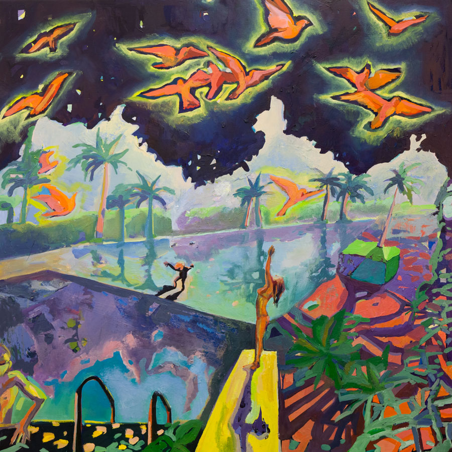 Birds | Pool | Tropical | Yoga | Oil Painting